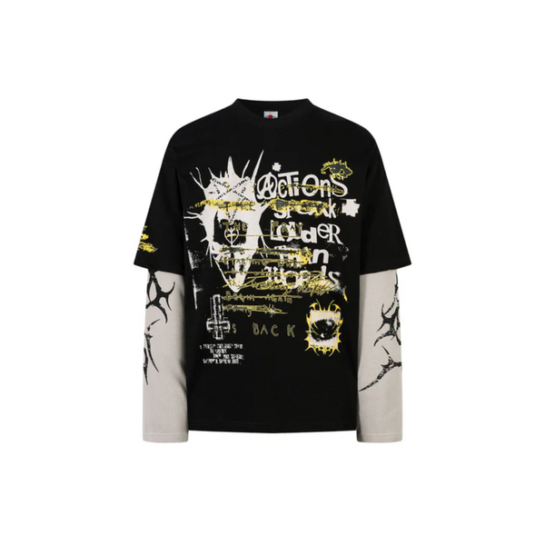 Actions - Black Layered Graphic Long-Sleeve Tee - Cotton Pullover with Mesh Underlay