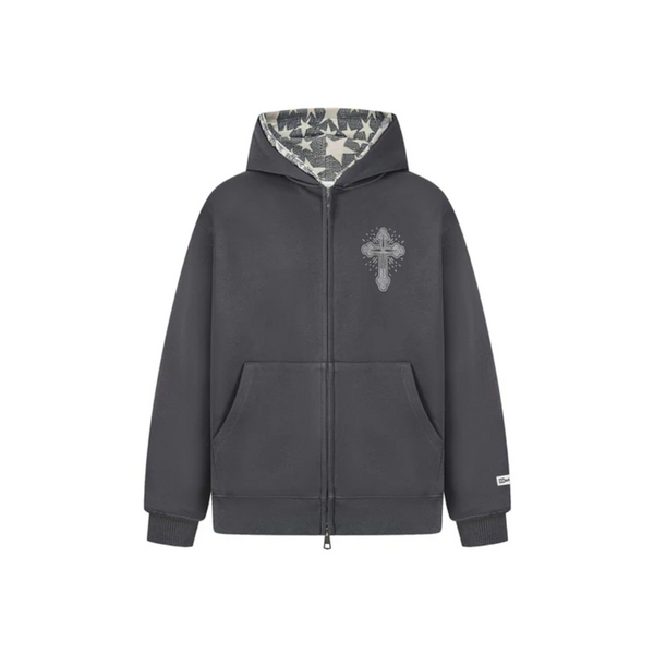 Cross Rhinestone Embellished Zip Hoodie with Star Hood Lining