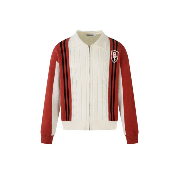 Color Block Knit Cardigan - Polyester Zip-Up with Cable Knit Panel