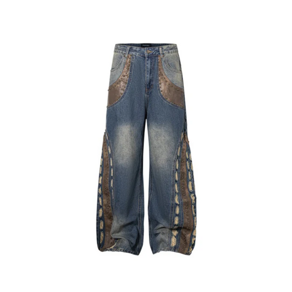 Studded Panel Wide-Leg Denim Jeans