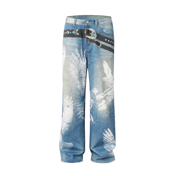 3D Print Bird Sky Blue Wide Leg Jeans