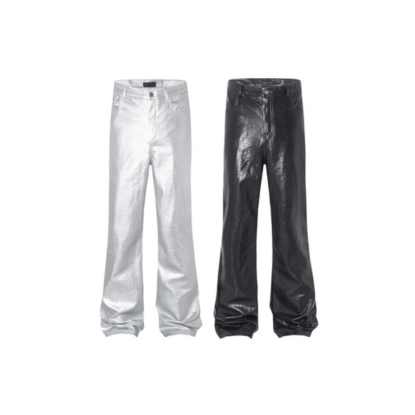 Metallic Wide-Leg PU Leather Stacked Flared Pants