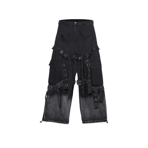 Black Harness Cargo Pants - Multi-Strap Gothic Denim with Metal Hardware