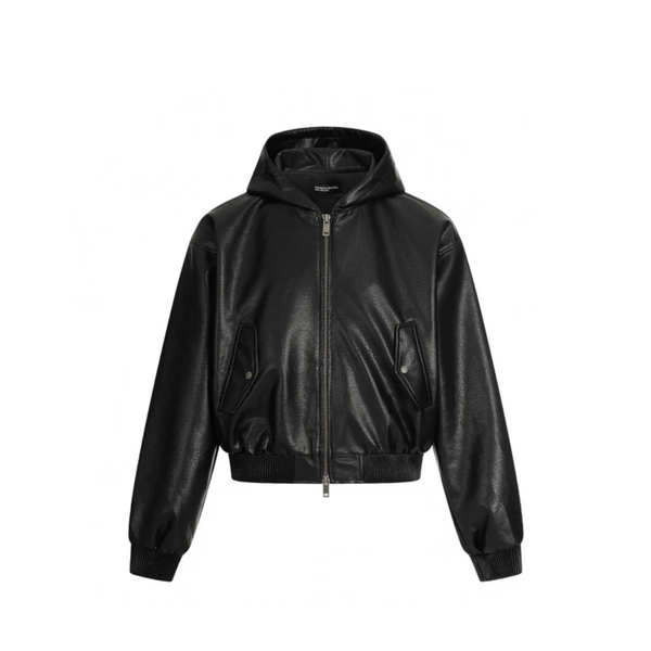 Black Oversized Leather Hooded Jacket