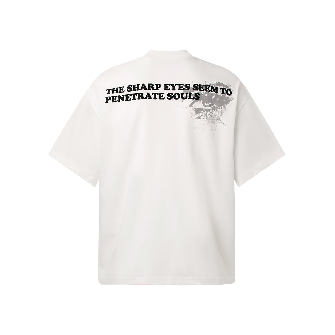 White t-shirt with black text and graphic design on a white background