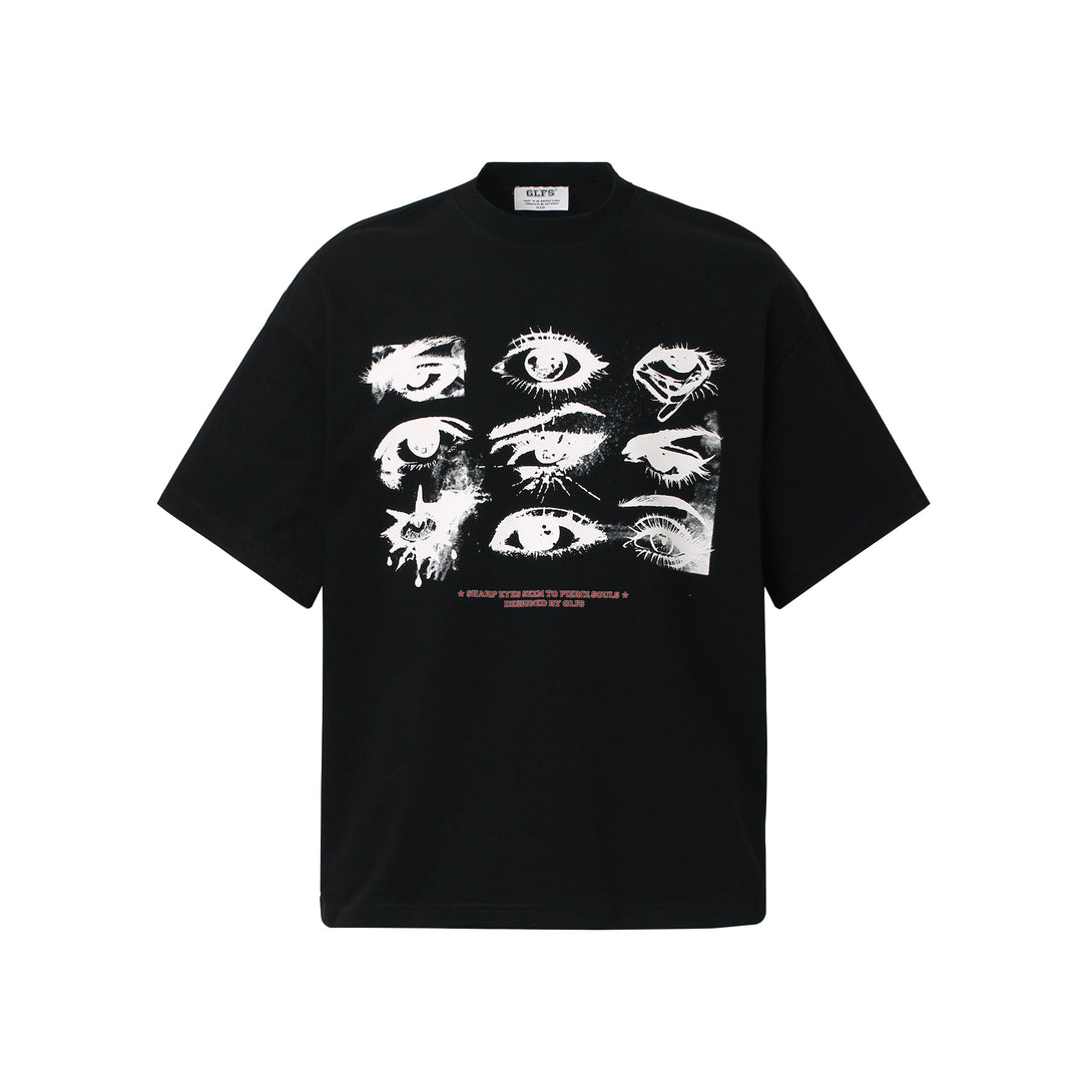 Black t-shirt with white graphic design on a white background