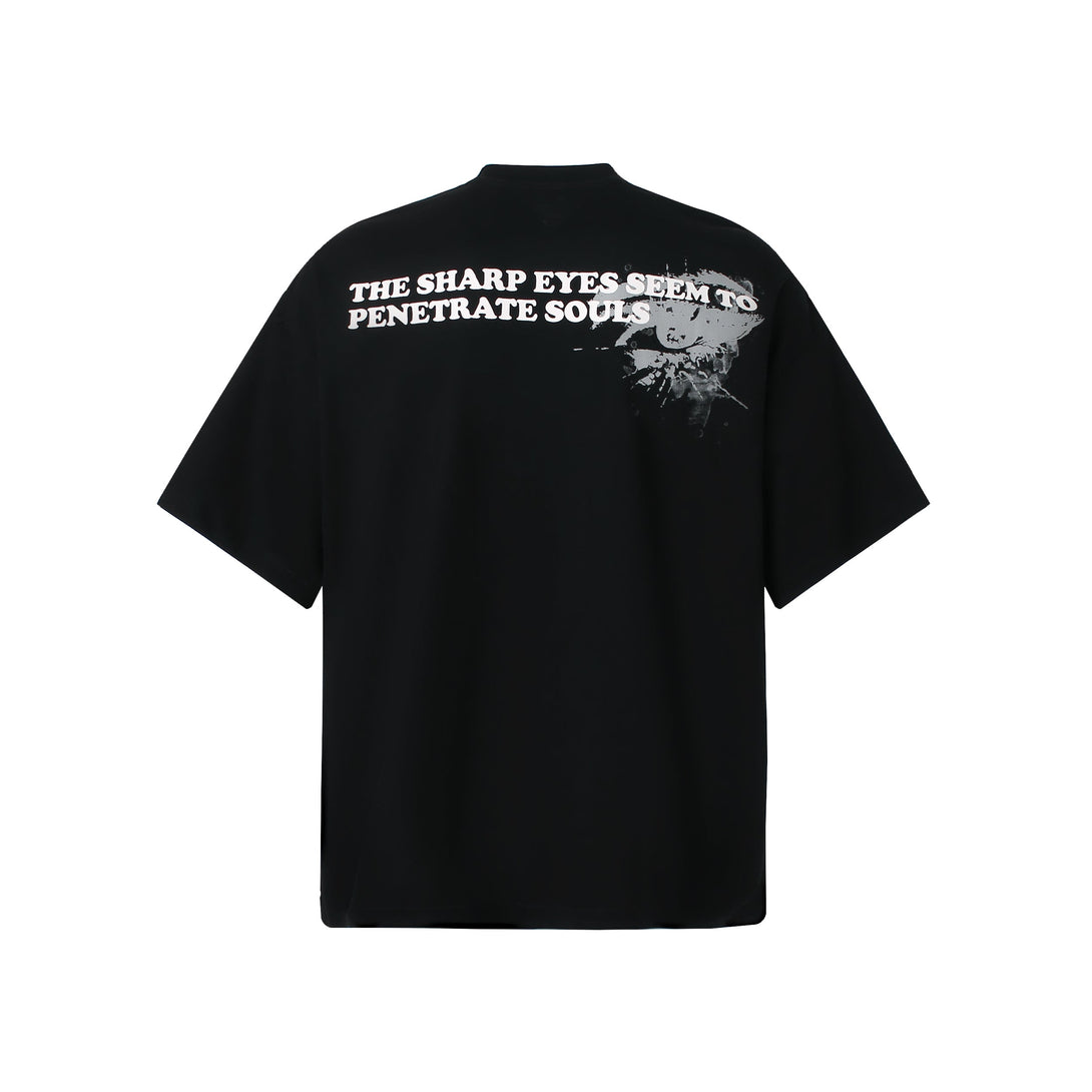 Black t-shirt with white text on the back against a white background