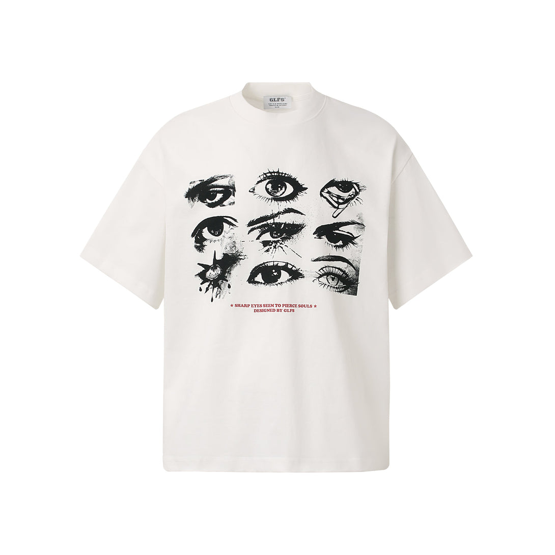 White t-shirt with graphic design of eyes on a white background
