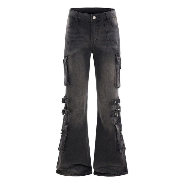 Black Cargo Flared Jeans With Straps