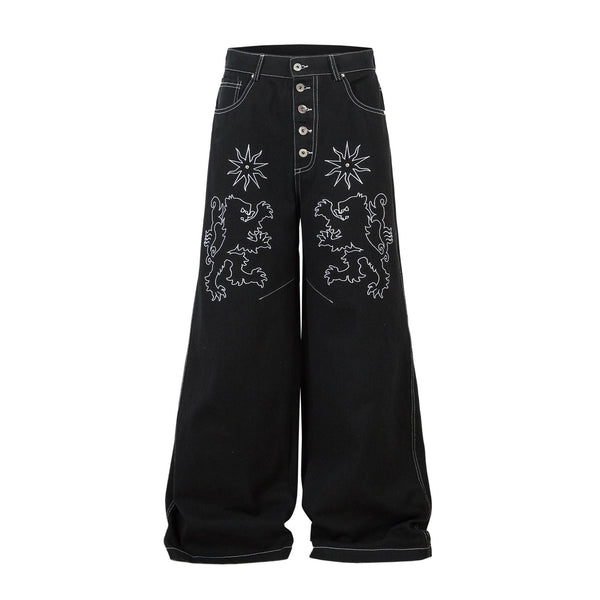 Black Embroidered Wide-Leg Denim - Celestial Dragon Motif Button Fly Jeans