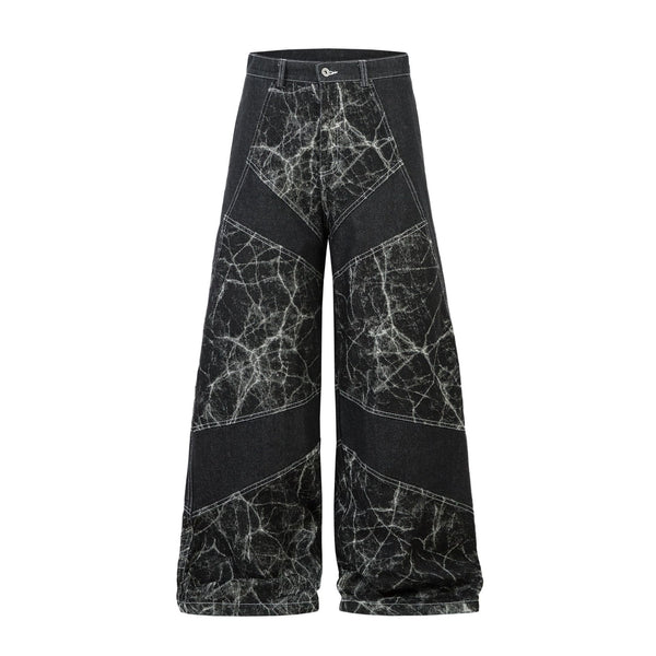 Black Marble Crack Pattern Wide-Leg Jeans