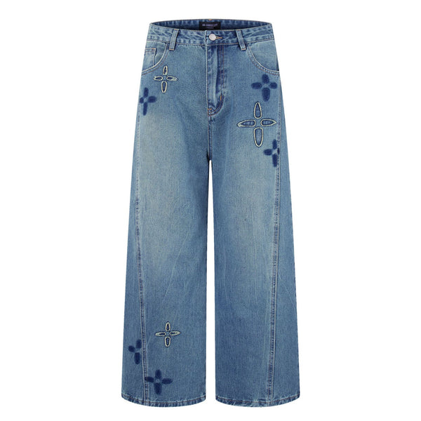 Blue Cross Embellished Wide-Leg Denim
