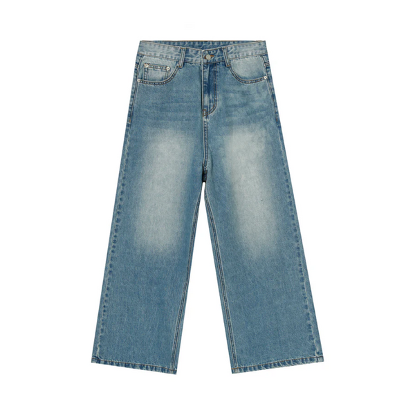 Blue Washed Straight Wide Leg Denim Jeans