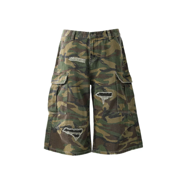 Camo Cargo Ripped Jorts, Baggy Denim Shorts