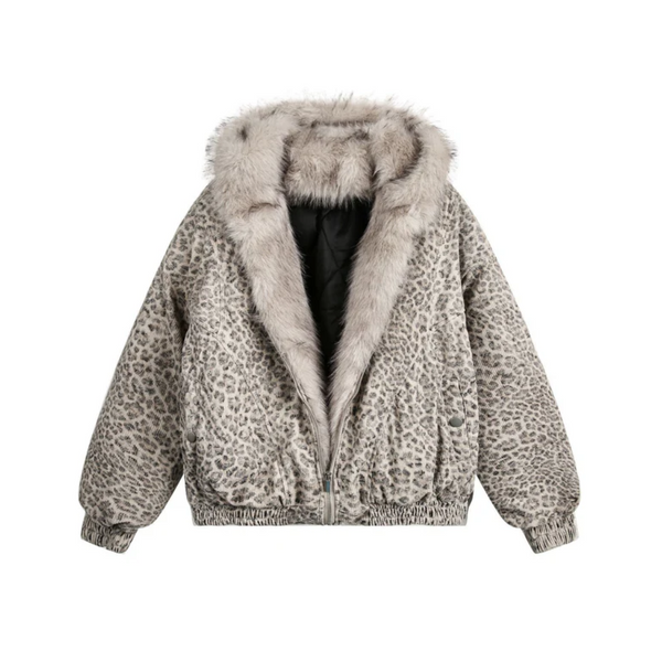 Cheetah Print Mink Fur Hooded Jacket