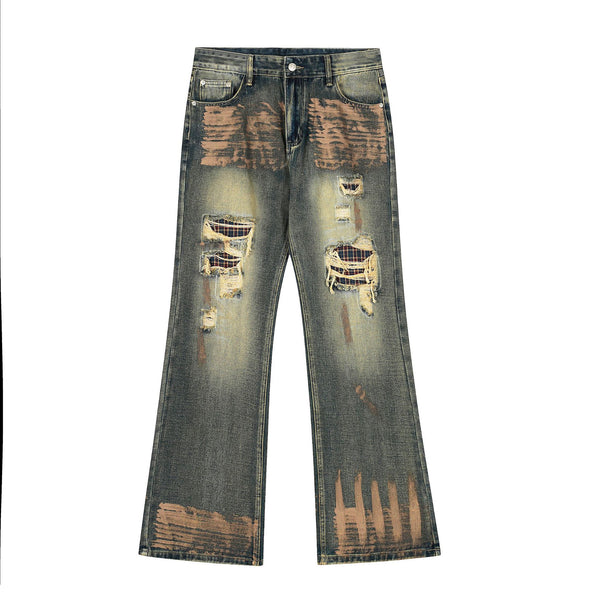 Distressed Stacked Flared Jeans with Patchwork and Rips