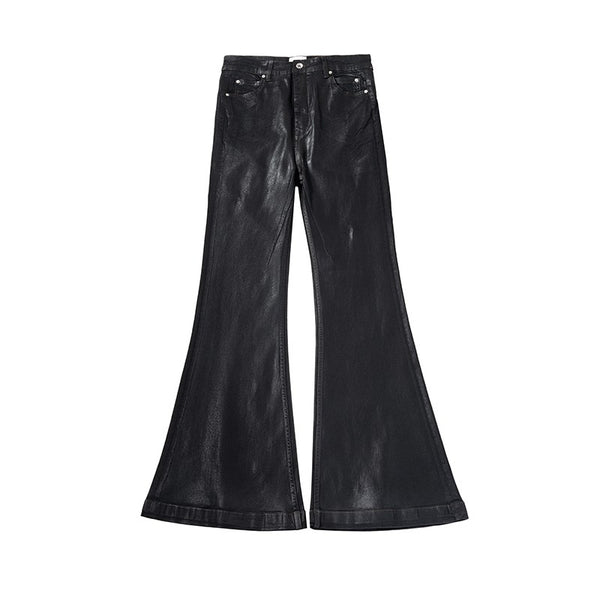 Faux Leather Coated Chunky Flare Denim Jeans