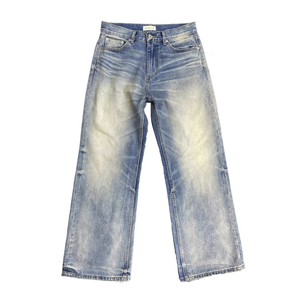 Ice Blue Distressed Straight Leg Jeans – Washed Vintage Look with Faded Whiskers
