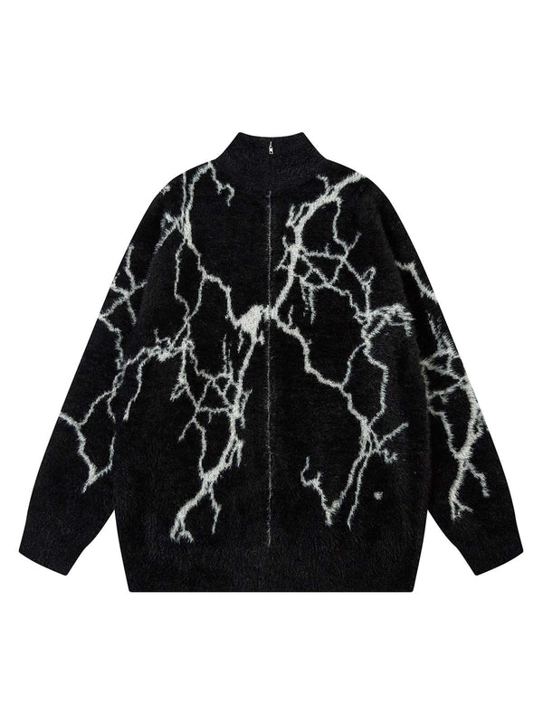Lightning Graphic Faux Mink Fur Full Zip Knit Sweater