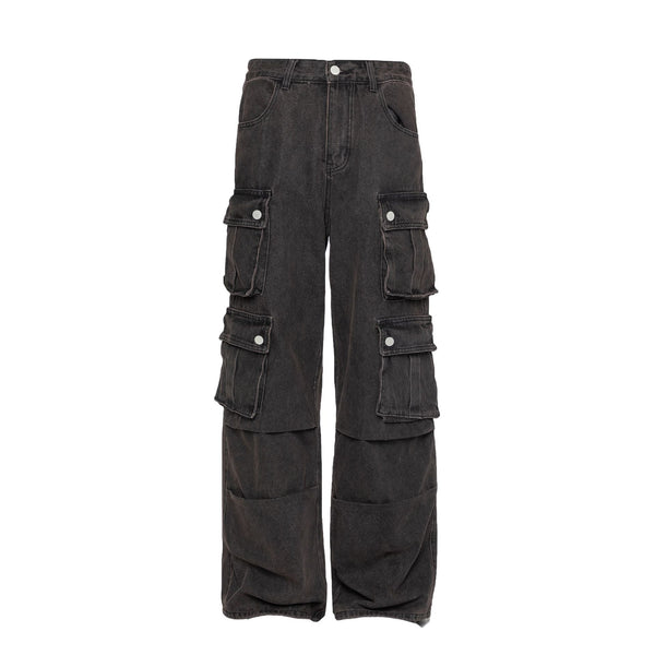 Multi Pocket Washed Wide Leg Cargo Jeans