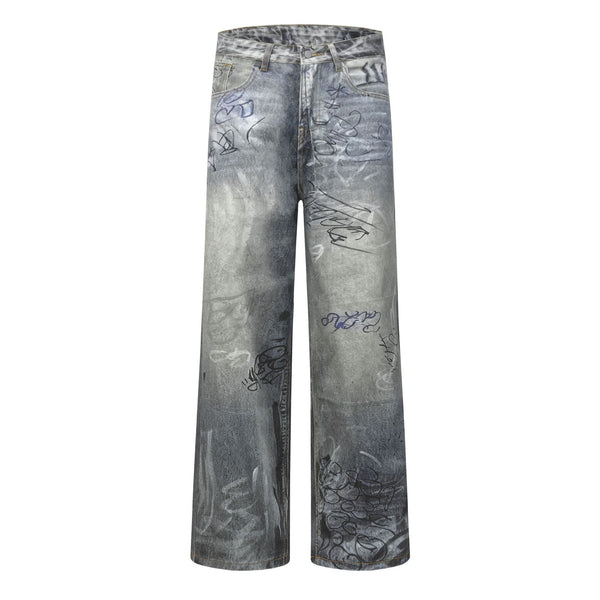 Eon Modish 25秋季New美式街潮百搭洗水印花做旧牛仔长裤