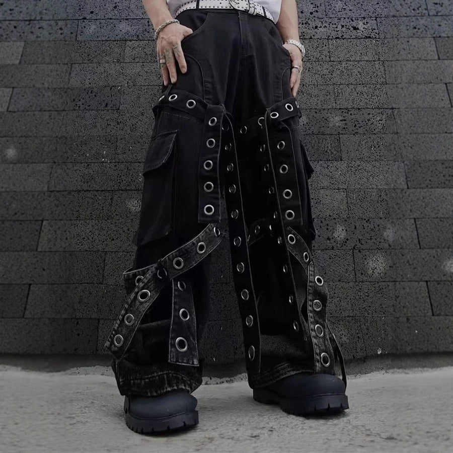 美式街头复古重工设计感链锁工装裤五金装饰宽松垂感牛子裤男女