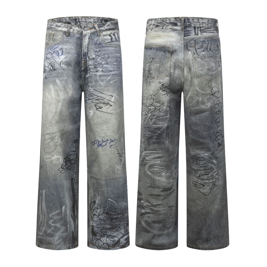 Eon Modish 25秋季New美式街潮百搭洗水印花做旧牛仔长裤