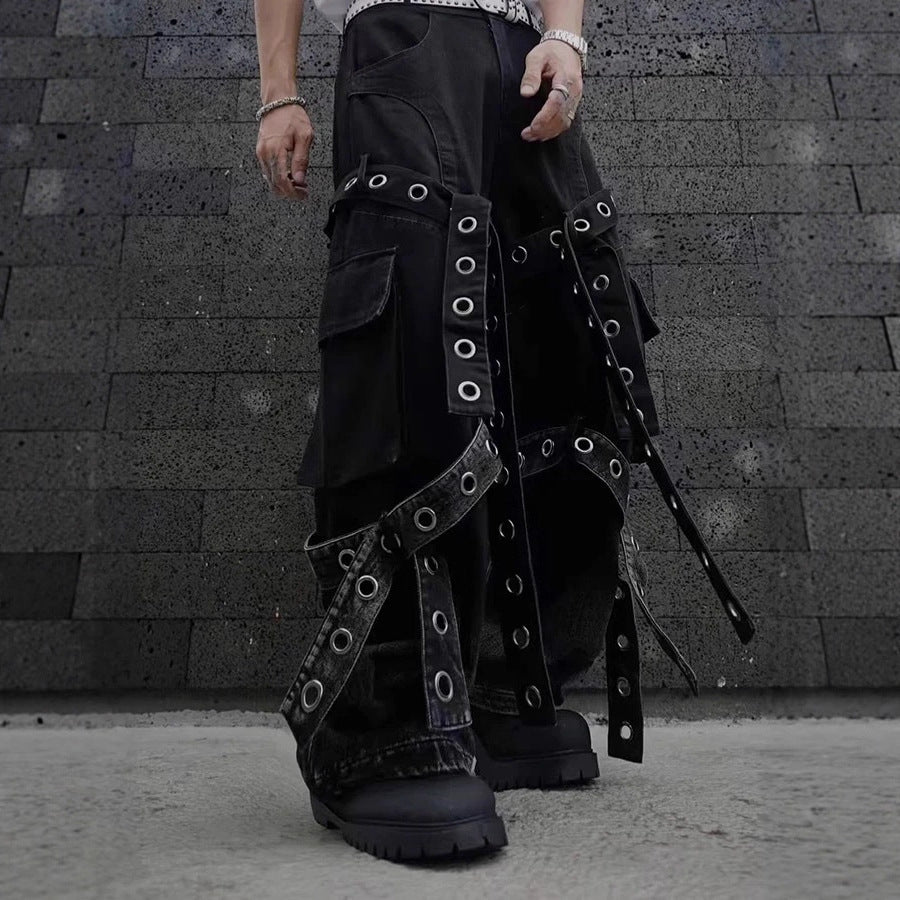 美式街头复古重工设计感链锁工装裤五金装饰宽松垂感牛子裤男女