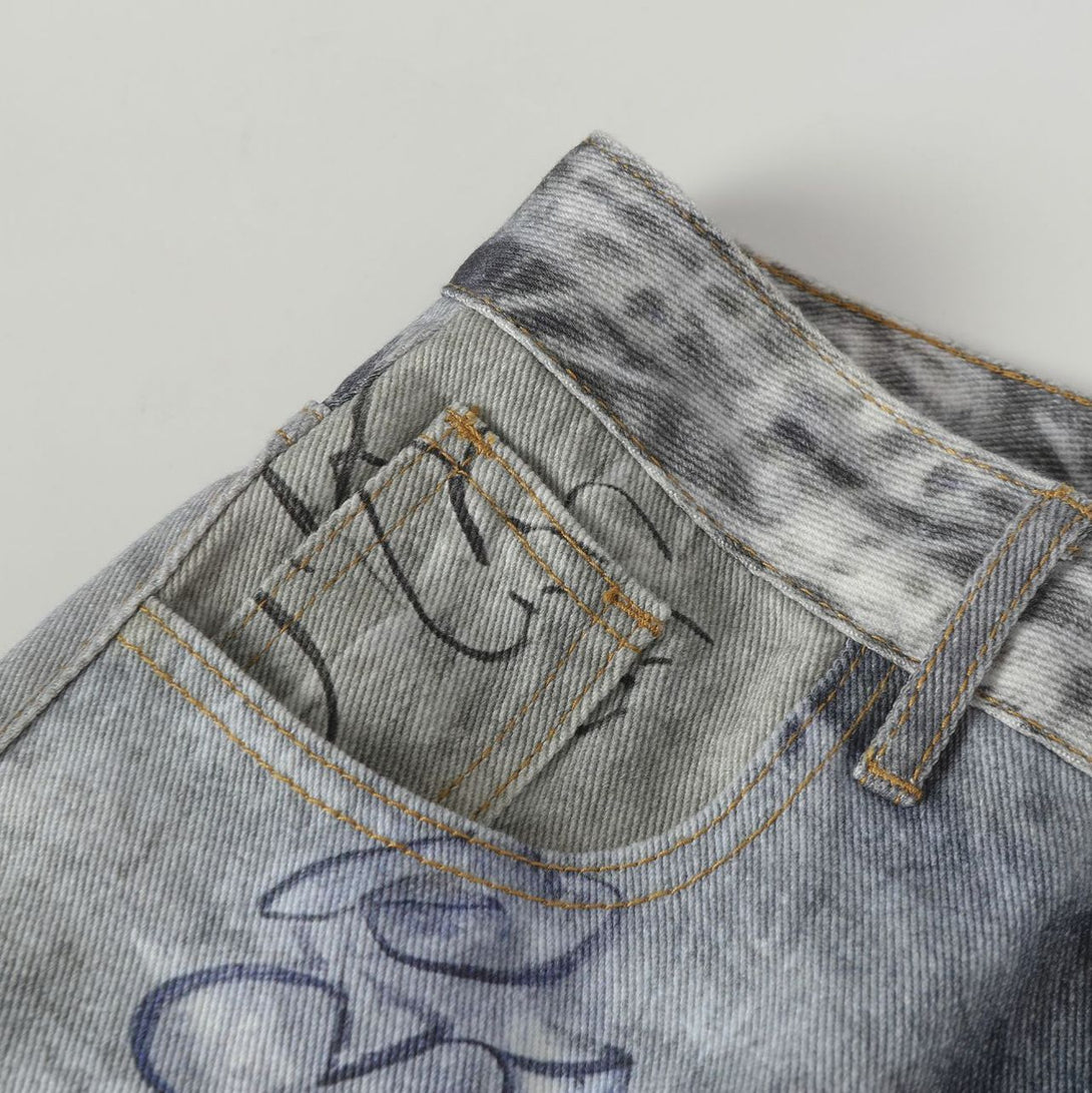 Eon Modish 25秋季New美式街潮百搭洗水印花做旧牛仔长裤