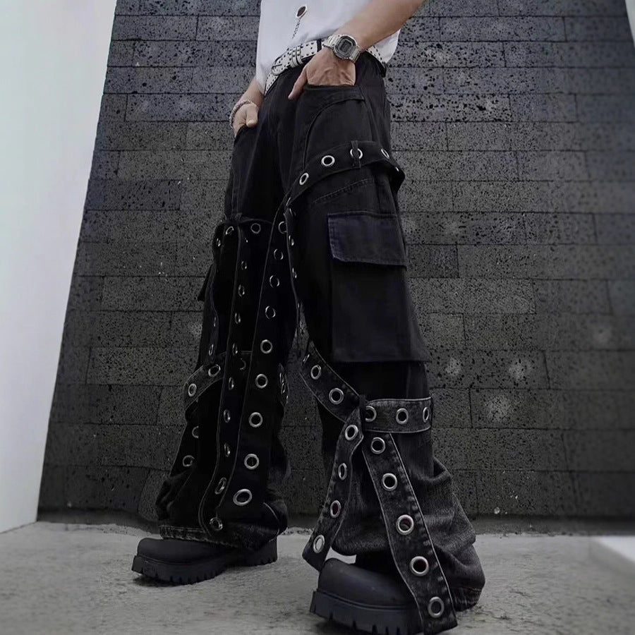 美式街头复古重工设计感链锁工装裤五金装饰宽松垂感牛子裤男女