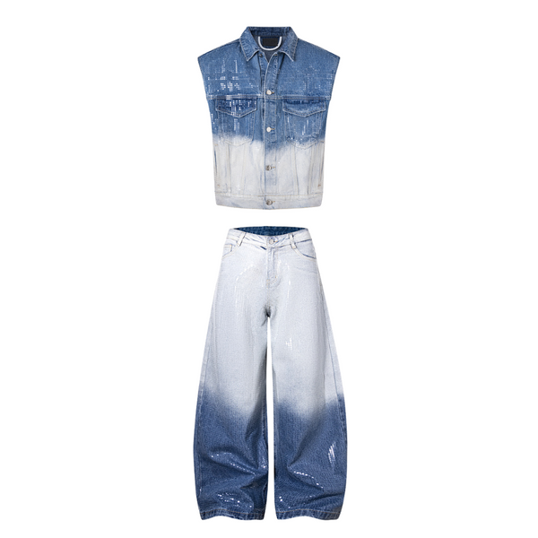 Sequin Gradient Wide-Leg Jeans - Blue Ombre Embellished Denim Pants