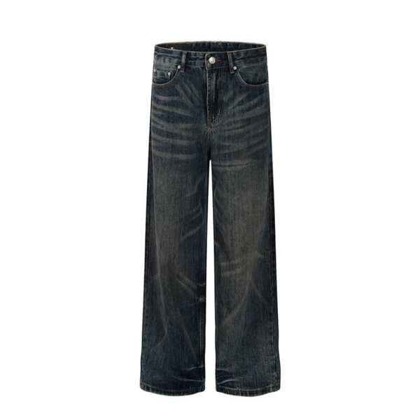 Retro A-Type Heavy-Duty Aged Wash Loose Baggy Straight Leg Jeans