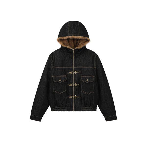 Fur-Lined Hooded Fireman Clasp Denim Bomber Jacket